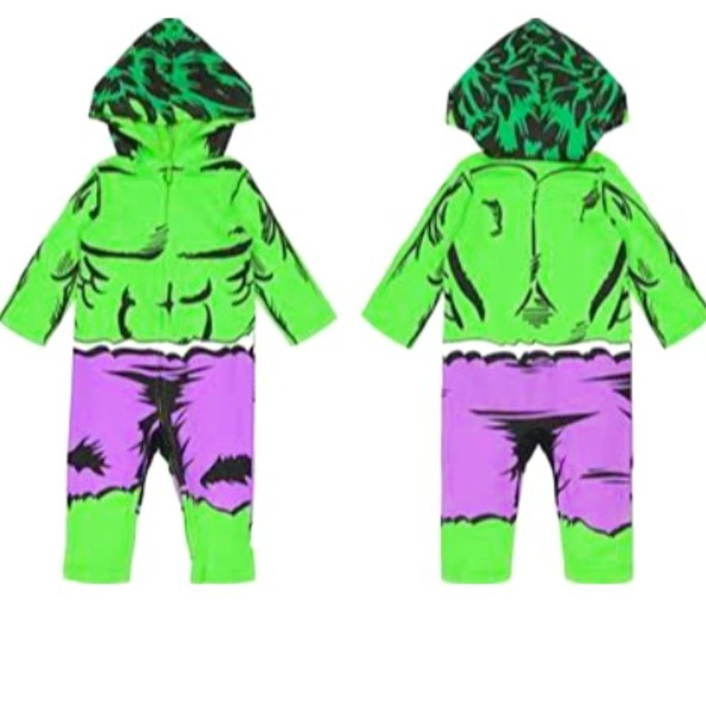 Marvel Comics Hulk baby boy costume coverall one piece with hood 6-9 mos.